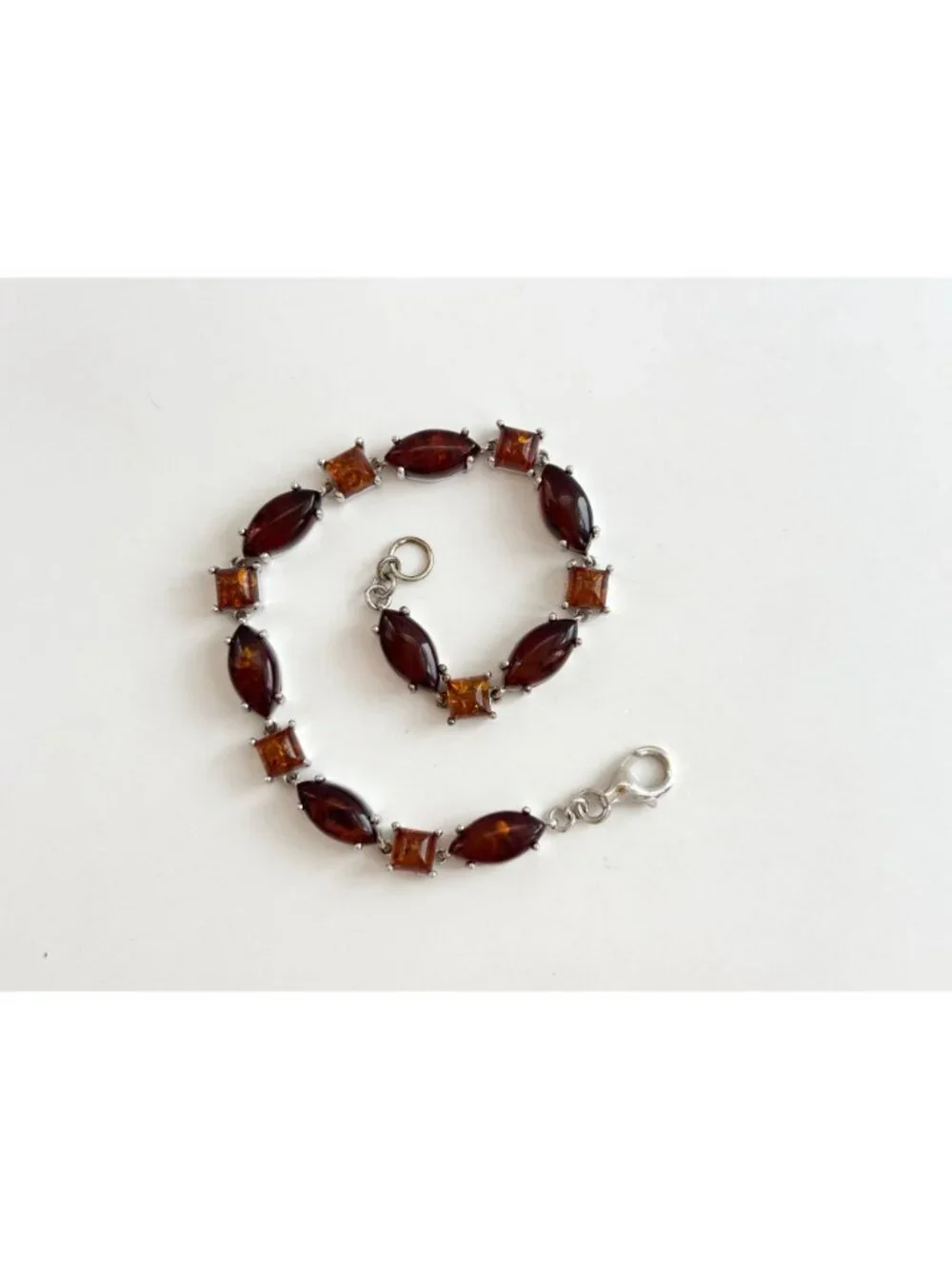 Natural Baltic Amber Marquise Chainlink Vintage Sterling Silver 925 Bracelet 7